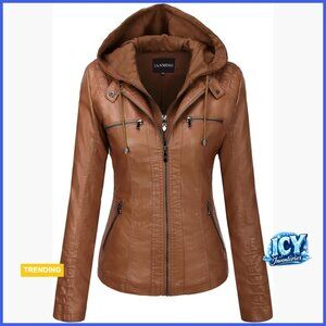 Faux Leather Moto Jacket with Detachable Hood and Rivets